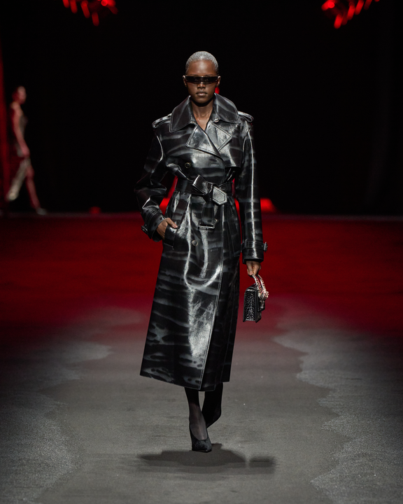 Black Genuine Leather Long Trench Coat in Black for Women