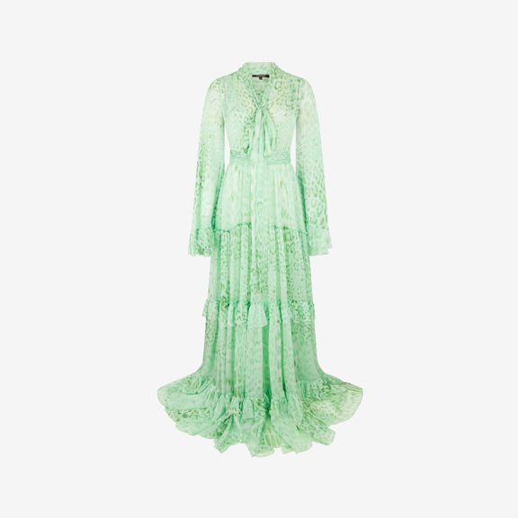 roberto cavalli women's dresses SS 2001 Green Neon Plunge Dress fitting silhouette through the hips that flows into a flared skirt Roberto Cavalli Gold Maxi Dress